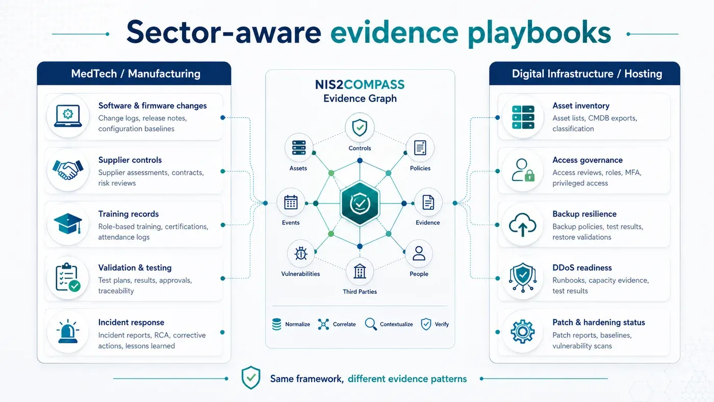 Sector-aware evidence playbooks for MedTech, manufacturing, digital infrastructure, and hosting